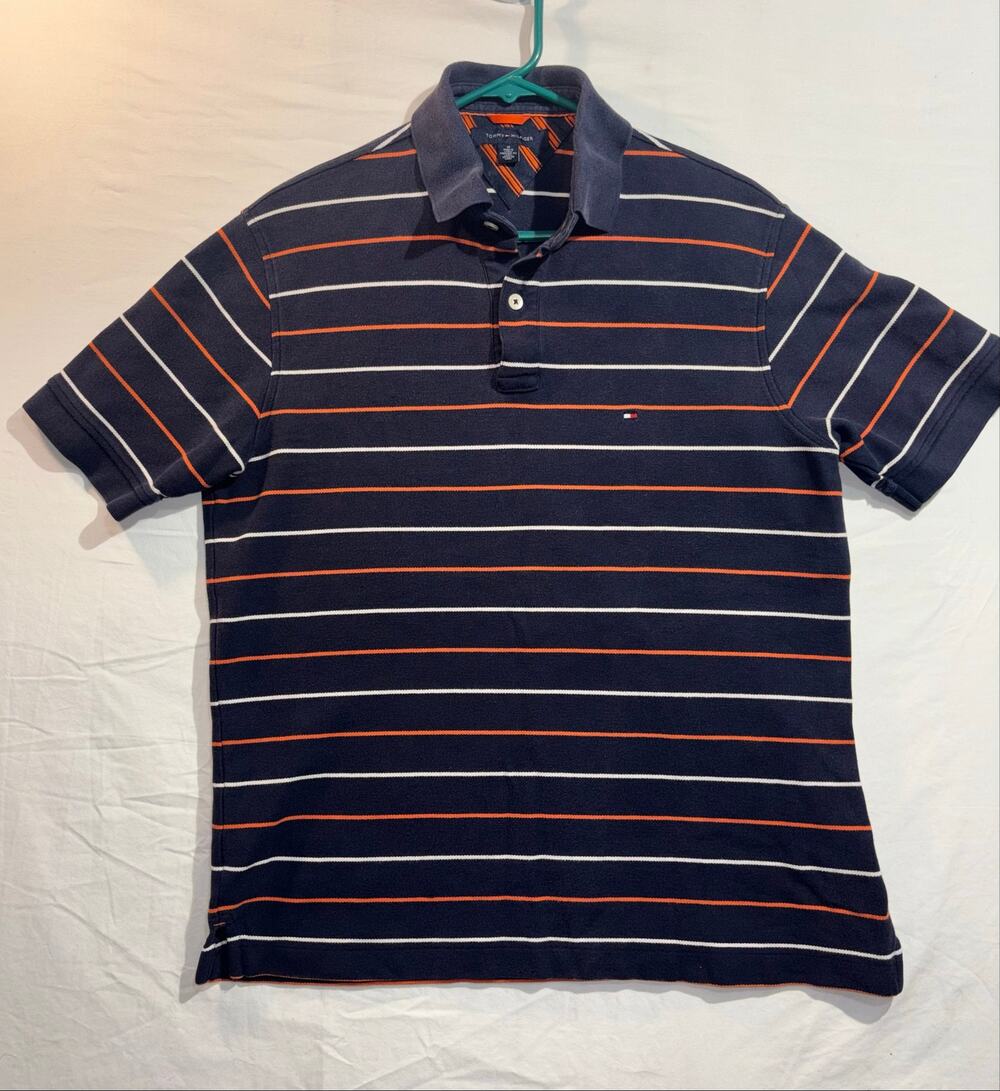 Tommy Hilfiger Men’s Medium Navy Orange White Striped Short Sleeve Polo Shirt